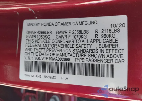 2021 Honda Accord Lx из США, поврежденный, VIN 1HGCV1F19MA002898